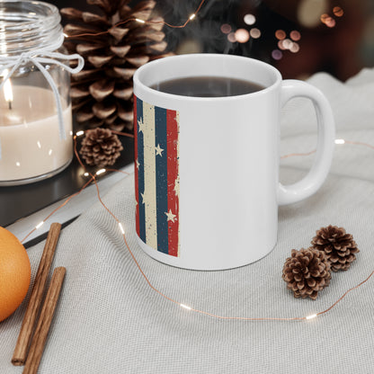 Vintage Stripe Star Coffee Mug – Distressed Patriotic Stripe Mug – Red White Blue Rustic Americana Mug – Retro Flag Style Cup American Flag Stripes Mug — Vintage Patriotic 11oz Coffee Cup