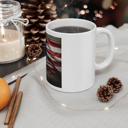 Waving American Flag Coffee Mug – Rustic Wood Background USA Mug – Realistic Patriotic Flag Mug – Vintage Americana Coffee Cup American Flag Coffee Mug - Patriotic 11oz Ceramic Cup