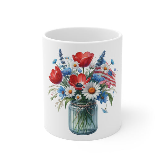 Patriotic Tulip & Daisy Mason Jar Coffee Mug – Red White Blue Floral Mug – Americana Wildflower Bouquet Cup – 4th of July Gift Mug Patriotic Wildflower Jar Mug — 11oz Floral Americana Coffee Cup...