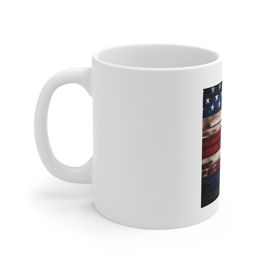Rustic American Flag Wood Coffee Mug – Dark Weathered USA Flag Mug – Vintage Wooden Plank Patriotic Cup – Bold Americana Gift Distressed American Flag Mug — Rustic USA 11oz Coffee Cup