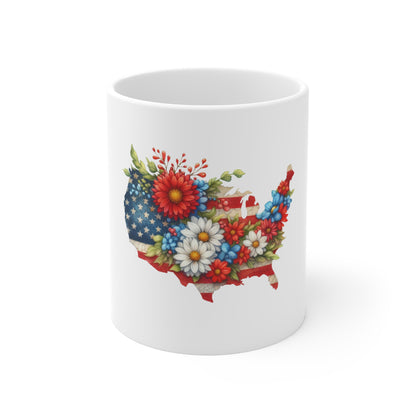 Patriotic USA Floral Map Coffee Mug – 11oz American Flag Flowers Tea Cup