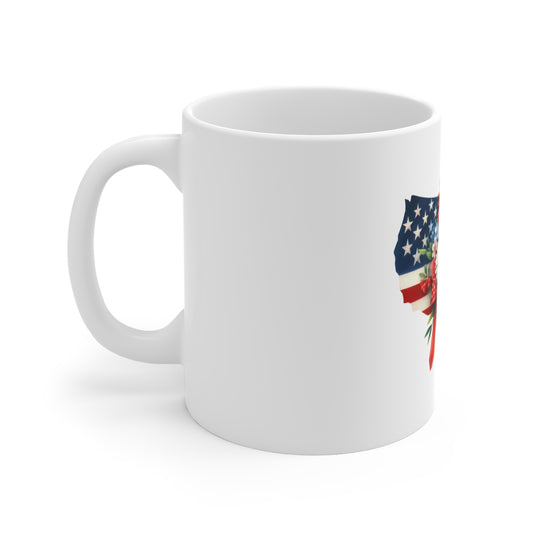 Patriotic USA Map Floral 11oz Coffee Mug — American Flag Bouquet Gift for Fourth of July