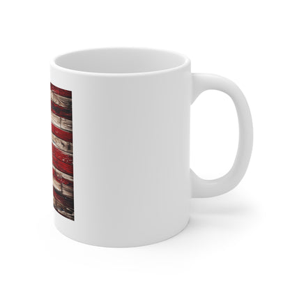 American Flag Rustic Wood 11oz Mug — Vintage Patriotic Coffee Cup for Fourth of July, Veterans Day, Gifts