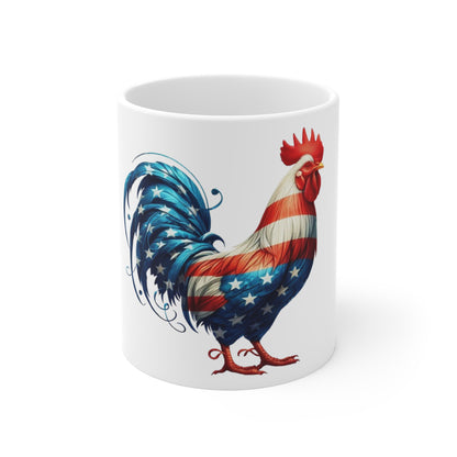 Patriotic Rooster Coffee Mug – Flowing American Flag Chicken Design – Red White Blue Farmhouse Mug – USA Pride Gift American Flag Rooster Coffee Mug — Patriotic 11oz Tea Cup