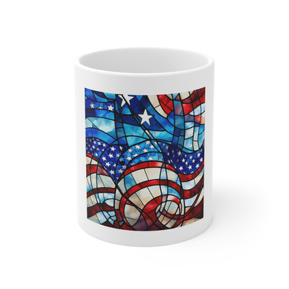 Stained Glass American Flag Coffee Mug – Wave Pattern Patriotic Mug – Colorful USA Flag Cup – Artistic Americana Gift – Premium Art Mug