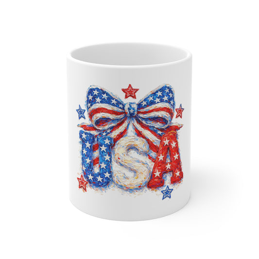 USA Patriotic 11oz Mug — Stars & Stripes Bow Coffee Cup for 4th of July