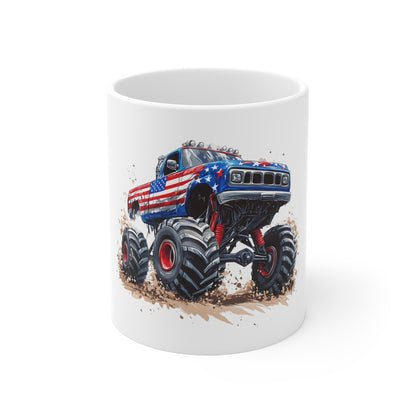 Patriotic Monster Truck Coffee Mug – American Flag Off-Road Truck Mug – USA Power Truck Design – Bold Americana Gift Mug 11oz