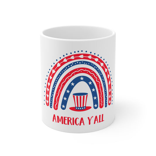 America Y’all Coffee Mug – Whimsical Patriotic Rainbow Design – Cute USA Mug – Red White Blue Americana Gift America Y'all Mug — 11oz Patriotic Red White Blue Coffee Cup (4th of July Gift)