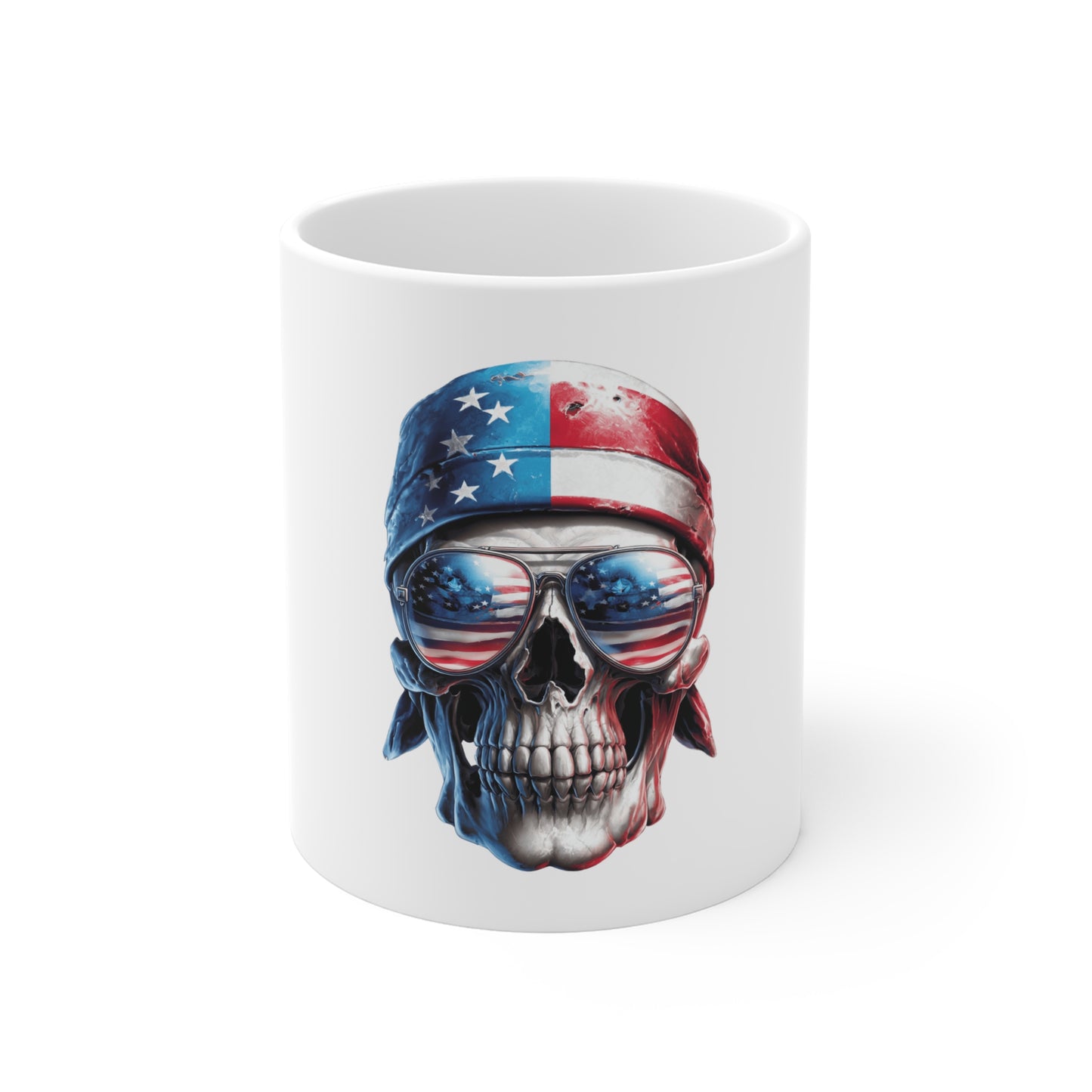 Patriotic Skull Bandana Coffee Mug – American Flag Skull with Aviator Sunglasses – USA Rebel Freedom Mug – Bold Veteran Gift Mug 11oz
