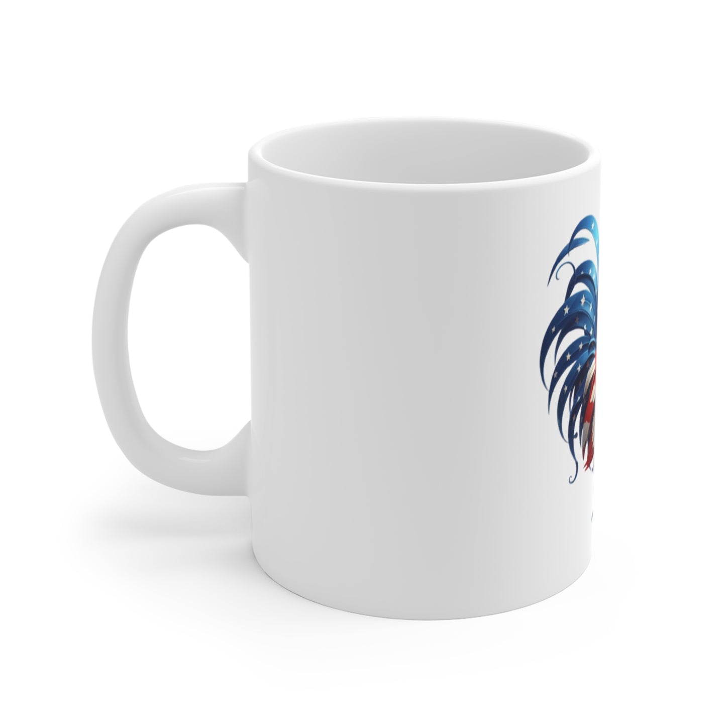 Patriotic Rooster Coffee Mug – American Flag Stylized Rooster – Red White Blue Elegant Chicken Mug – USA Pride Gift American Flag Rooster Mug — Patriotic 11oz Coffee Cup