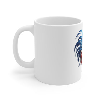 Patriotic Rooster Coffee Mug – American Flag Stylized Rooster – Red White Blue Elegant Chicken Mug – USA Pride Gift American Flag Rooster Mug — Patriotic 11oz Coffee Cup