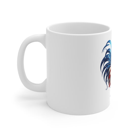 Patriotic Rooster Coffee Mug – American Flag Stylized Rooster – Red White Blue Elegant Chicken Mug – USA Pride Gift American Flag Rooster Mug — Patriotic 11oz Coffee Cup