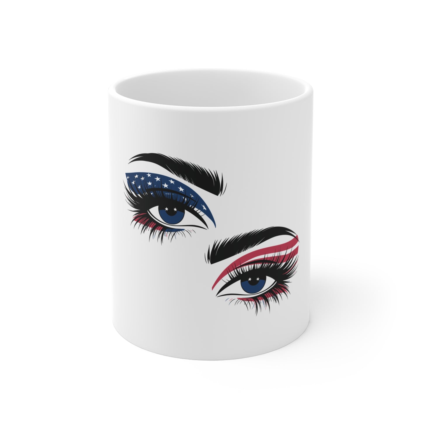 Patriotic Eyes Coffee Mug – American Flag Makeup Eyes Mug – USA Red White Blue Eye Art Cup – Bold Americana Beauty Mug Mug 11oz