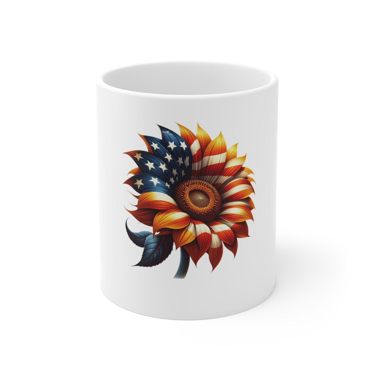 American Flag Sunflower Mug — Patriotic 11oz Coffee Cup