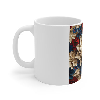 Patriotic 3D Rose Floral Coffee Mug – Red White Blue Sculpted Flower Mug – Layered Botanical Art Cup – Premium Americana Mug Floral Patriotic Mug — Red, White & Blue Paper Rose Pattern 11oz