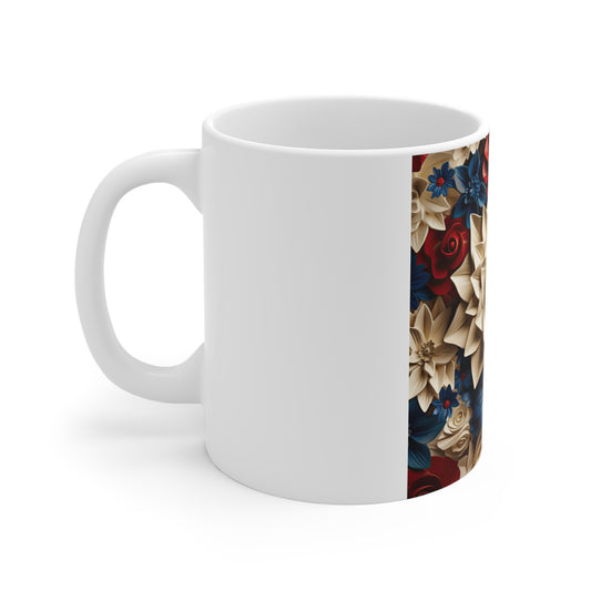 Patriotic 3D Rose Floral Coffee Mug – Red White Blue Sculpted Flower Mug – Layered Botanical Art Cup – Premium Americana Mug Floral Patriotic Mug — Red, White & Blue Paper Rose Pattern 11oz