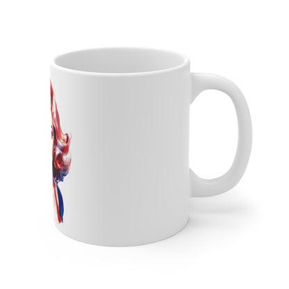Patriotic Pin Up Portrait Mug – Bold Americana Woman Coffee Mug – Red White Blue Retro Beauty Cup – Vintage USA Art Mug – Gift for Her Patriotic Pin-Up Mug — Retro American Flag Woman Coffee Cup...