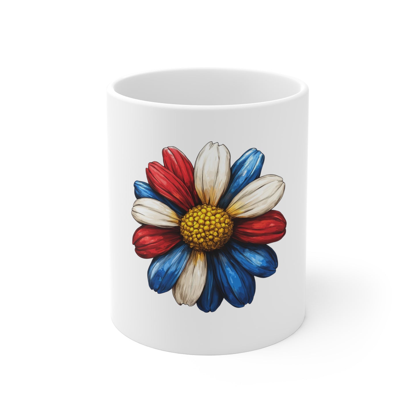 Patriotic Daisy Mug — Red White Blue Flower 11oz Coffee Cup