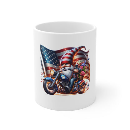 Patriotic Biker Gnome Coffee Mug — 11oz USA Flag Motorcycle Design