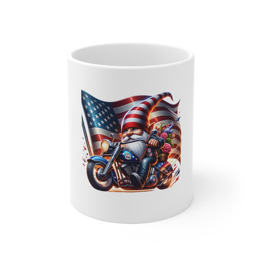Patriotic Biker Gnome Coffee Mug — 11oz USA Flag Motorcycle Design