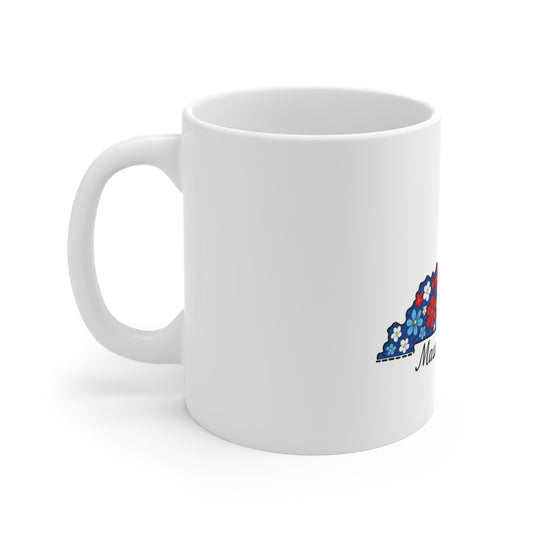 Massachusetts Floral State Outline Mug — Patriotic Red, White & Blue 11oz Coffee Cup