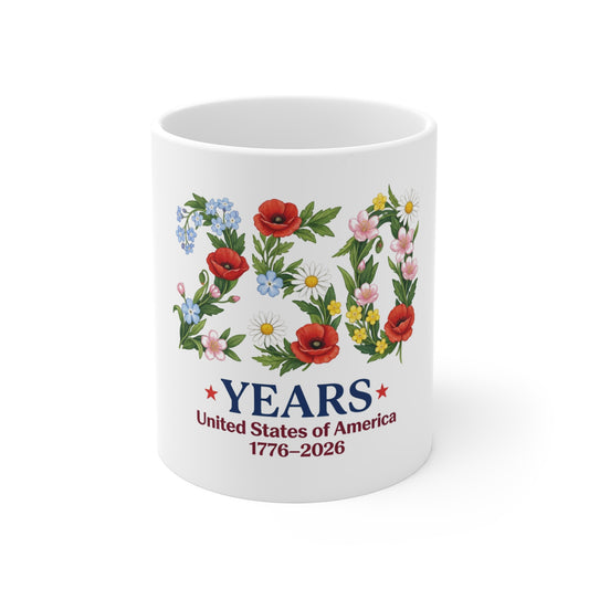 USA 250 Years Floral Coffee Mug – Patriotic Wildflower Anniversary Mug – 1776–2026 America Celebration Mug 11oz