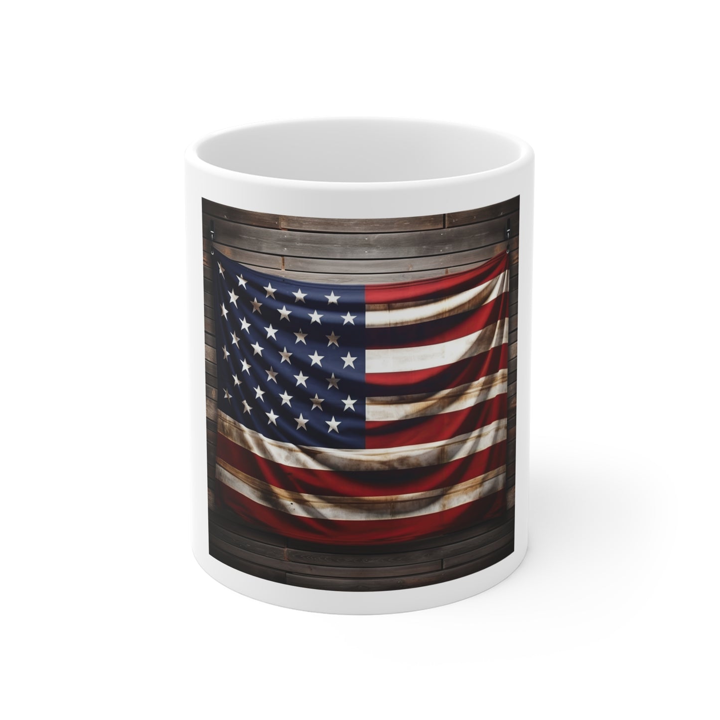 Hanging American Flag Coffee Mug – Rustic USA Flag Wall Art Mug – Draped Patriotic Banner Cup – Vintage Americana Wood Background Mug Rustic American Flag Mug - Patriotic 11oz Coffee Cup