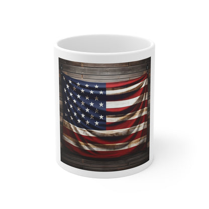 Hanging American Flag Coffee Mug – Rustic USA Flag Wall Art Mug – Draped Patriotic Banner Cup – Vintage Americana Wood Background Mug Rustic American Flag Mug - Patriotic 11oz Coffee Cup