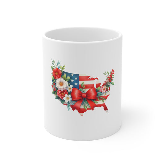 Patriotic USA Floral Map 11oz Mug – American Flag with Red Bow & Flowers, 4th of July Coffee Cup
