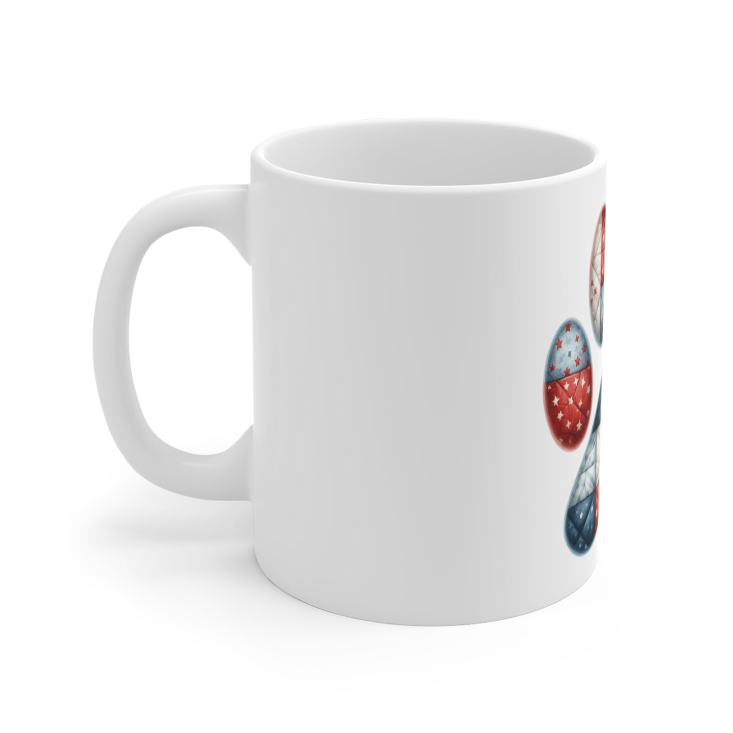 Patriotic Patchwork Dog Paw Coffee Mug – Americana Quilt Paw Print Mug – Red White Blue Pet Lover Mug – USA Dog Gift Cup Patriotic Paw Print Mug — American Flag Dog Lover Coffee Cup