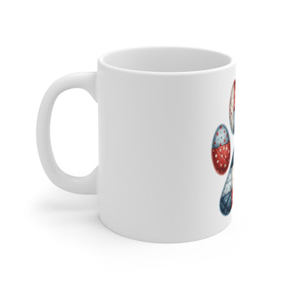 Patriotic Patchwork Dog Paw Coffee Mug – Americana Quilt Paw Print Mug – Red White Blue Pet Lover Mug – USA Dog Gift Cup Patriotic Paw Print Mug — American Flag Dog Lover Coffee Cup