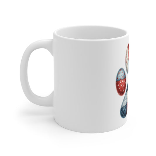 Patriotic Patchwork Dog Paw Coffee Mug – Americana Quilt Paw Print Mug – Red White Blue Pet Lover Mug – USA Dog Gift Cup Patriotic Paw Print Mug — American Flag Dog Lover Coffee Cup