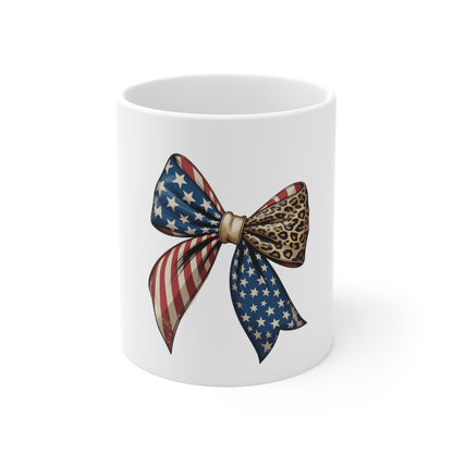 American Flag & Leopard Bow Mug — Patriotic 11oz Coffee Cup