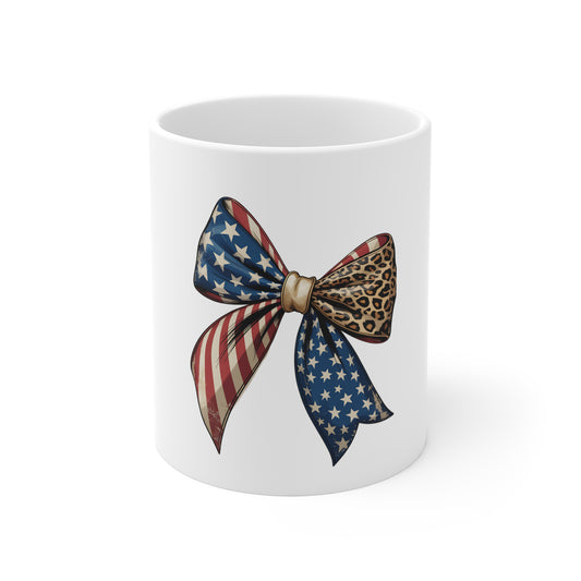 American Flag & Leopard Bow Mug — Patriotic 11oz Coffee Cup