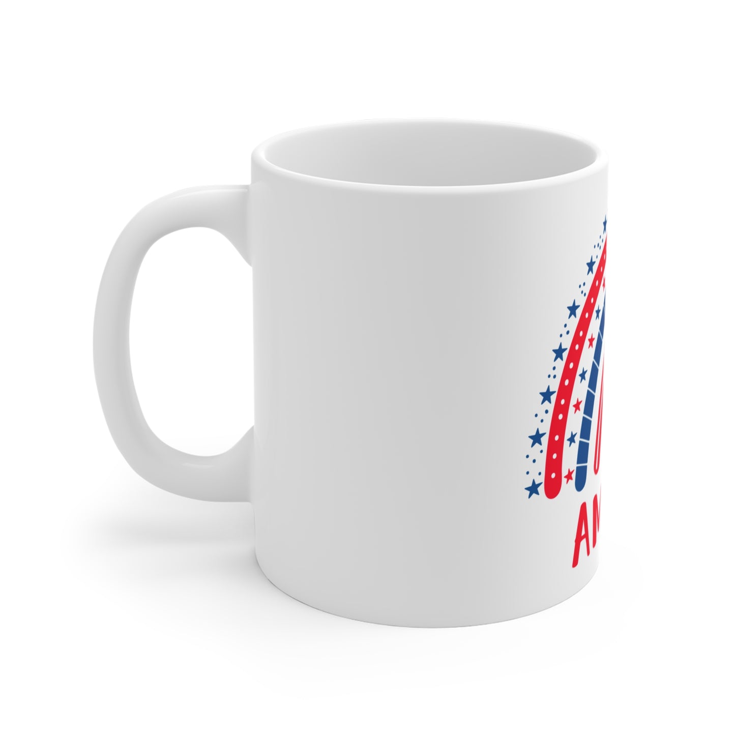 America Rainbow Coffee Mug – Whimsical Patriotic Star Design – Red White Blue Cute USA Mug – 4th of July Gift Mug 11oz