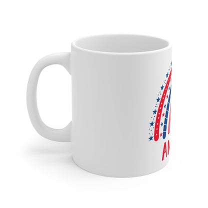 America Rainbow Coffee Mug – Whimsical Patriotic Star Design – Red White Blue Cute USA Mug – 4th of July Gift Mug 11oz