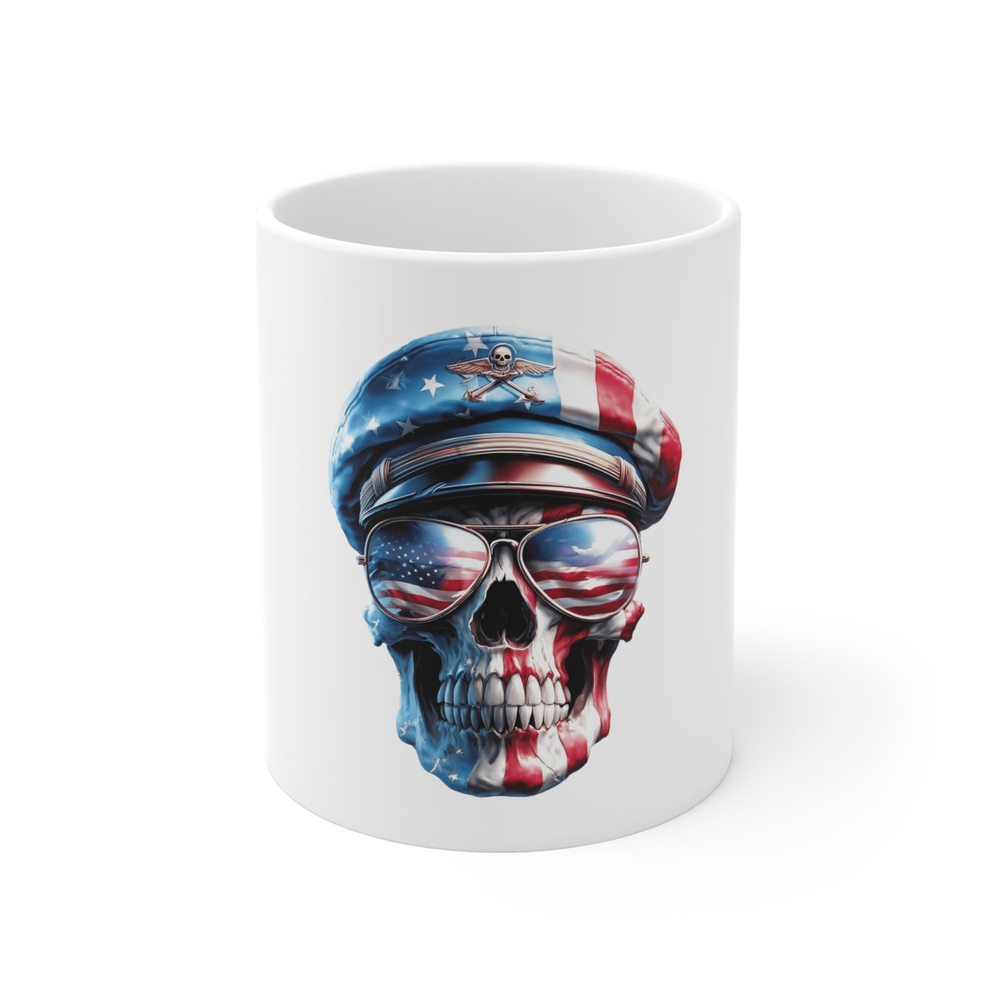 Patriotic Skull Aviator Coffee Mug – American Flag Military Skull Mug – USA Freedom Warrior Mug 11oz