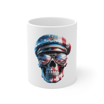 Patriotic Skull Aviator Coffee Mug – American Flag Military Skull Mug – USA Freedom Warrior Mug 11oz