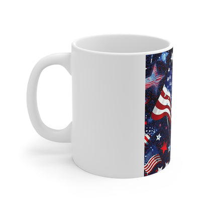 Starry American Flag Coffee Mug – Glitter Patriotic Mug – Sparkle USA Flag Cup – Festive Americana Stars Mug American Flag Stars Mug – Patriotic 11oz Coffee Cup for 4th of July & Veterans Day