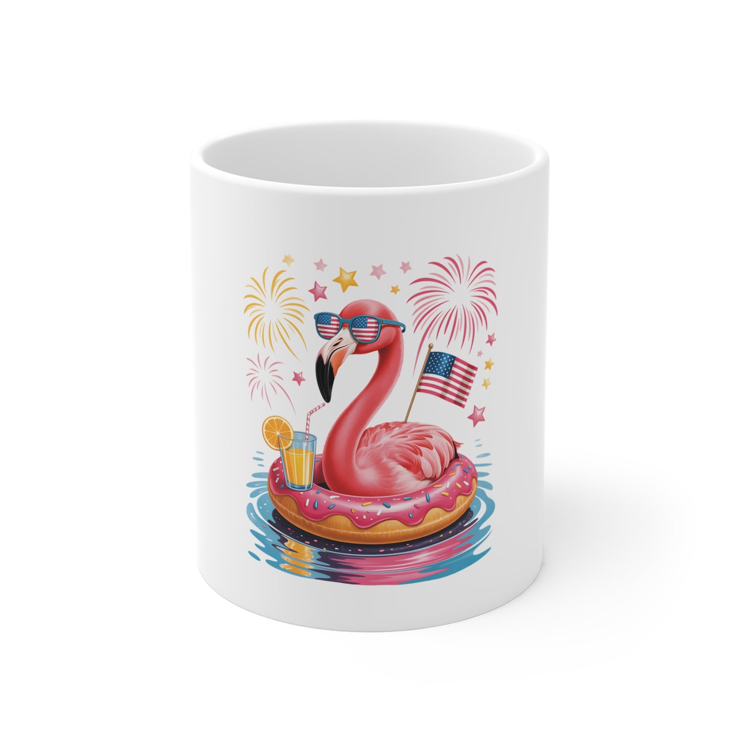 Patriotic Flamingo 11oz Mug — Fourth of July Pool Party Coffee Cup