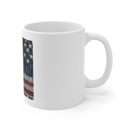 American Flag Fabric Coffee Mug – Woven Patriotic Mug – USA Textile Flag Cup – Rustic USA Americana Gift – Vintage Style Mug 11oz Ceramic