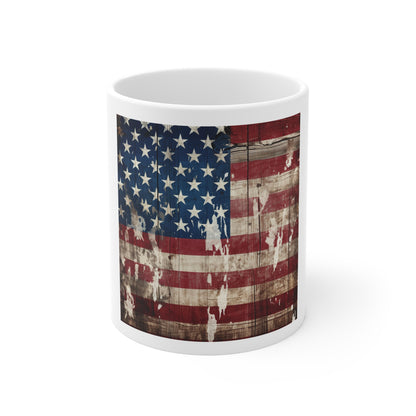 Paint-Splashed Barnwood American Flag Coffee Mug – Distressed USA Flag Mug – Rustic Drip & Fade Patriotic Cup – Vintage Farmhouse Flag Mug Rustic American Flag Coffee Mug - 11oz Patriotic Vintage USA...