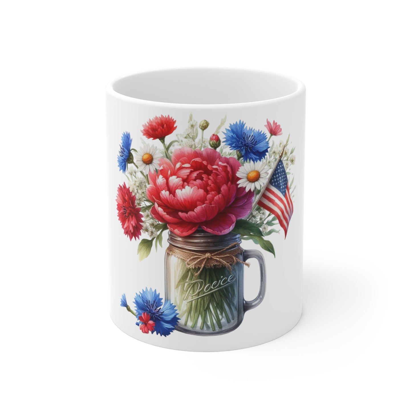 Patriotic Peony Mason Jar Coffee Mug – Red Peony & American Flag Floral Mug – Rustic Americana Flower Cup – 4th of July Gift Patriotic Mason Jar Floral Mug – Red, White & Blue Bouquet 11oz