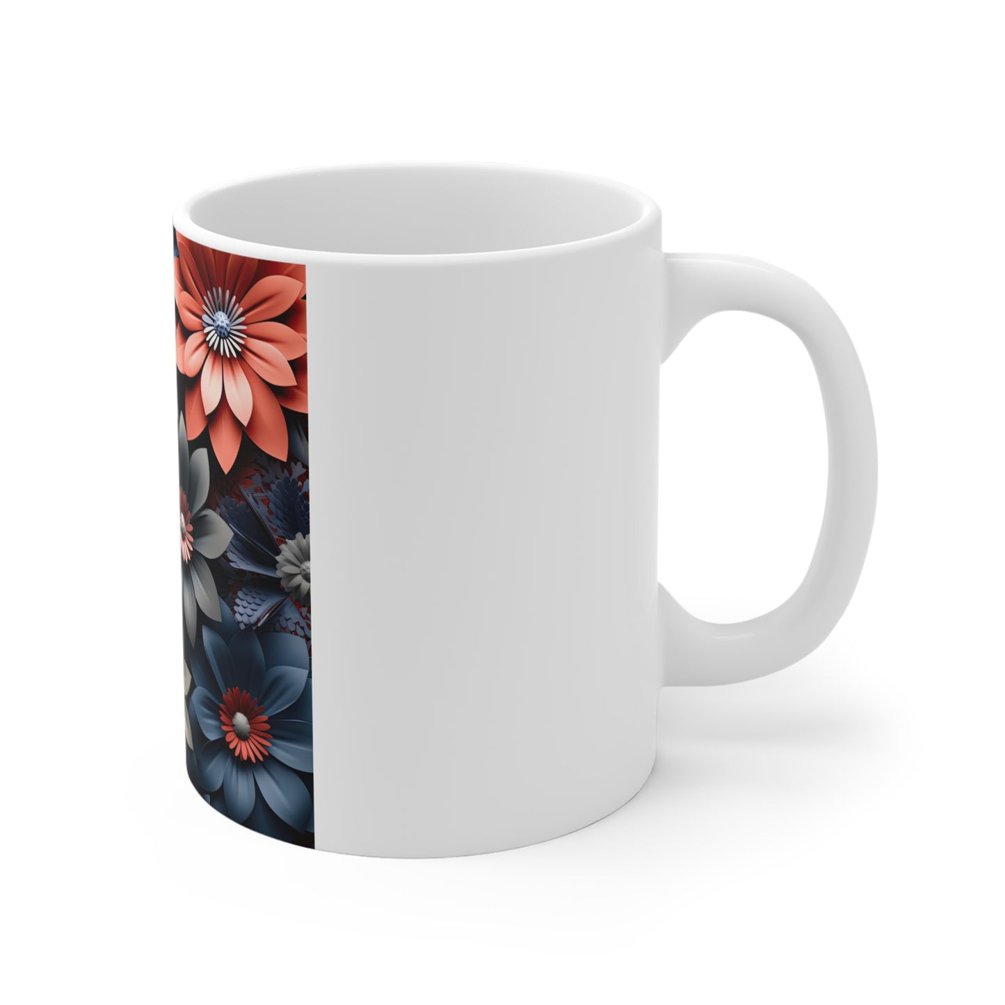 Patriotic 3D Floral Pattern Coffee Mug – Red Blue Layered Flower Mug – Modern Sculpted Botanical Cup – Bold Americana Design Mug Floral Pattern 11oz Mug — Red & Blue Vintage Flower Design
