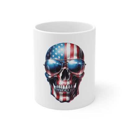 American Flag Skull with Sunglasses Coffee Mug – Patriotic Veteran Skull Mug – USA Pride Aviator Skull Mug 11oz