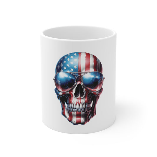 American Flag Skull with Sunglasses Coffee Mug – Patriotic Veteran Skull Mug – USA Pride Aviator Skull Mug 11oz