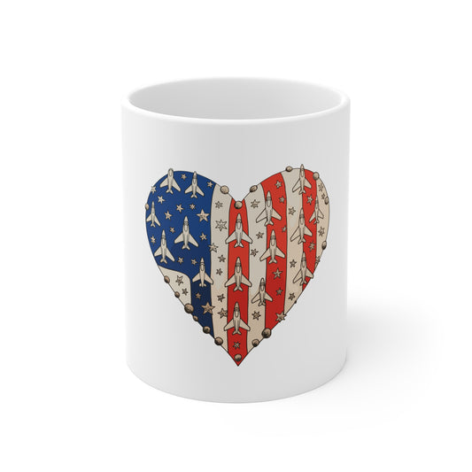 Patriotic Jet Heart Mug — American Flag Fighter Plane Coffee Cup (11oz)