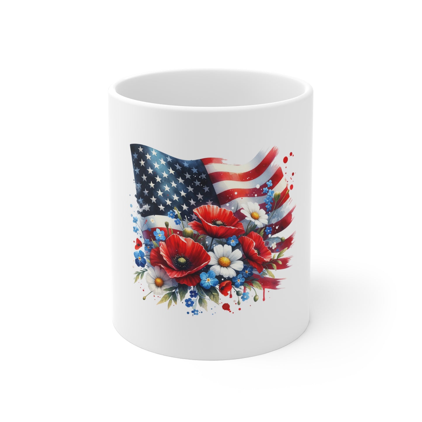 American Flag Mug with Poppies and Daisies — Patriotic 11oz Coffee Cup for Memorial Day & Veterans