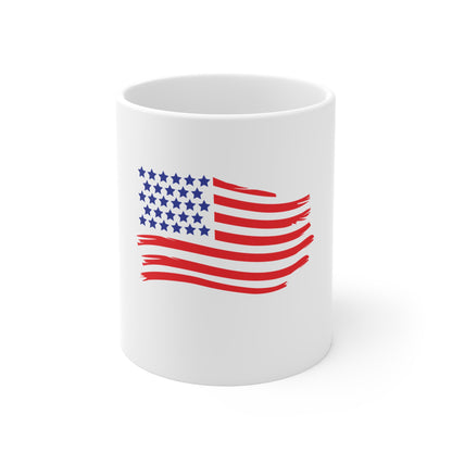 Wavy Brushstroke American Flag Coffee Mug – Flowing USA Flag Mug – Modern Patriotic Cup – Red White Blue Gift Mug 11oz