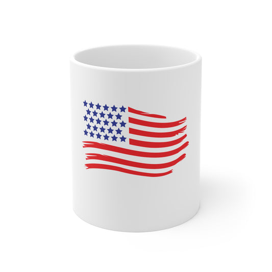 Wavy Brushstroke American Flag Coffee Mug – Flowing USA Flag Mug – Modern Patriotic Cup – Red White Blue Gift Mug 11oz